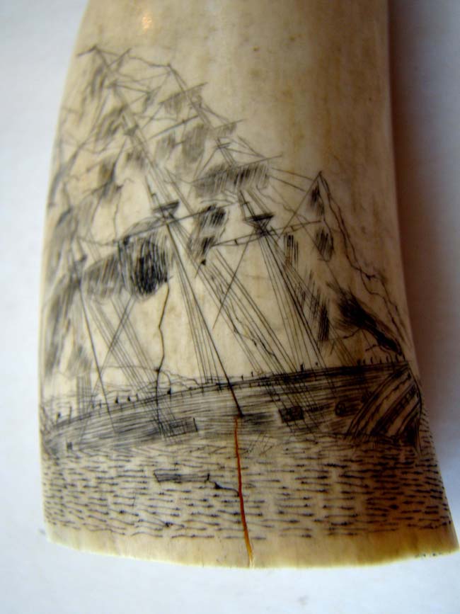 A 19th century scrimshawed whale's tooth featuring a ship listing or floundering — image 2